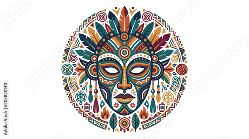 Foto Vibrant tribal mask illustration with intricate patterns and colorful feathers