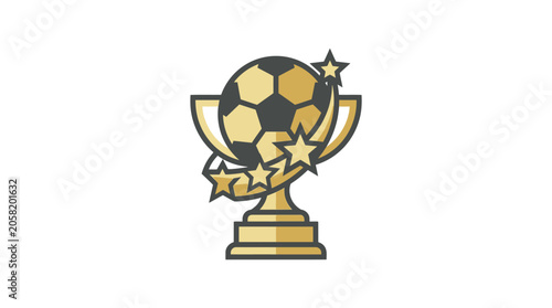 Gold soccer trophy with football and stars on white.