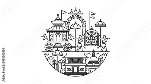 Tableau sur toile Intricate line art illustration of traditional Nepalese cultural festival procession and architecture