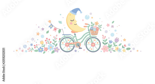 Foto A whimsical crescent moon wearing a nightcap rides a flower-adorned vintage bicycle through a colorful dreamscape of stars and blooms