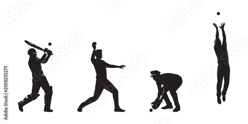 Obraz na plátně Cricket player silhouettes showing different stages of play including batting an