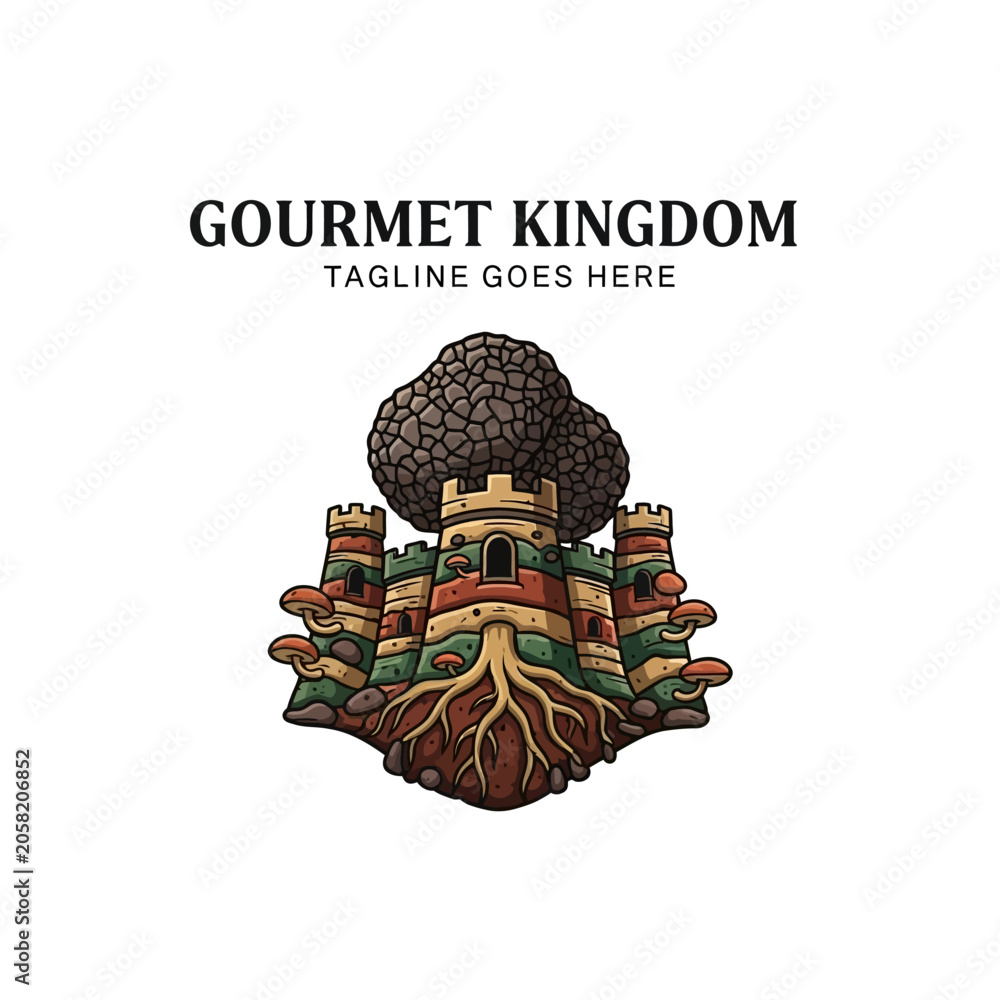 Ταπετσαρία Detailed culinary-themed illustration of a premium truffle mushroom integrated with a medieval fortress tower and roots, suitable for luxury food brands