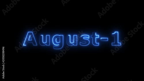 Glowing blue color neon text August month's 1 date calendar icon concept 4k animation, on black background.