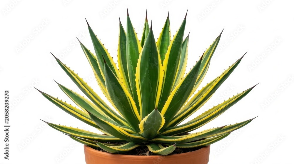 Fototapeta premium Beautiful Variegated Agave Americana Plant in Terracotta Clay Pot, Isolated on Solid White Background, Close-up of Succulent Garden Houseplant with Green and Yellow Leaves
