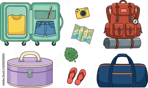 Fotografia Travel baggage and luggage vector collection with open suitcase backpack duffel bag hat box camera map flip flops and holiday vacation packing elements