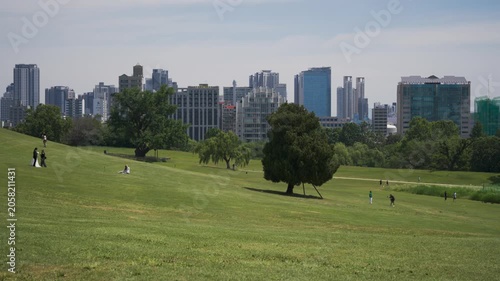 Panoramic landscape view of Olympic Park in Seoul, with a green meadow and city skyline in the background