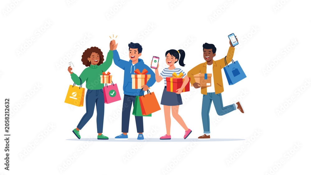 Fototapeta premium Group of diverse friends joyfully carrying colorful shopping bags.