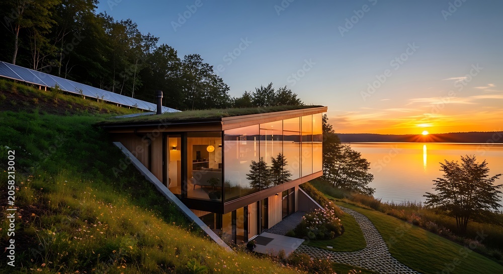 Fototapeta premium Modern house with glass walls overlooking a calm lake during a beautiful sunset