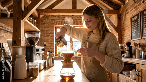 A woman in a cozy sweater pours hot water over coffee grounds in a wooden, rustic cafe with warm natural lighting and exposed brick walls.