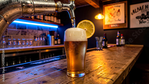 A frosty pint of beer is poured from a tap in a cozy, warmly lit bar with wooden countertops and framed decor.