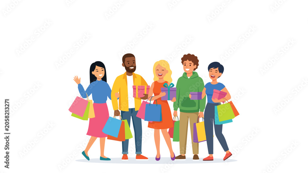 Obraz premium Diverse group of friends shopping together with colorful shopping bags in a casual outing.