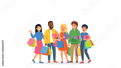 Photos Diverse group of friends shopping together with colorful shopping bags in a casual outing