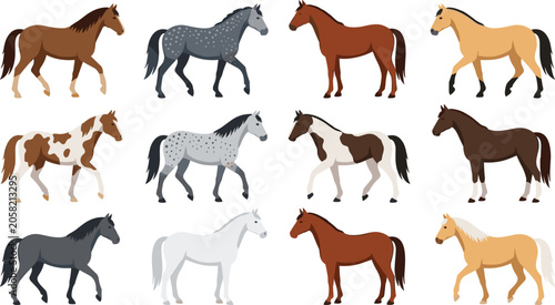 Konstfotografi Horse breeds vector collection set featuring diverse colorful horses walking and