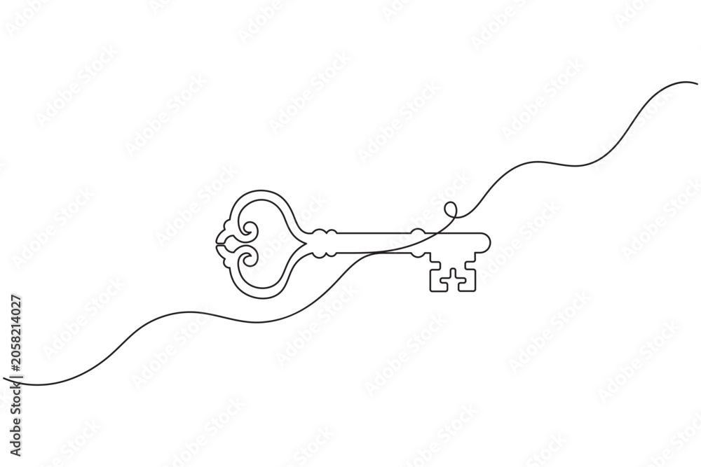 Obraz premium Vintage classic key one line art minimalist continuous one line drawing luxury antique security access symbol vector illustration