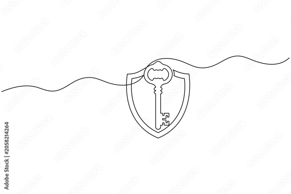 Fototapeta premium Shield key one line art minimalist continuous one line drawing safety protection guard security access symbol vector illustration