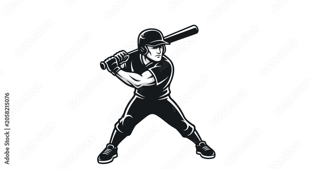 Fototapeta premium Black and white illustration of a baseball player in a batting stance, ready to hit the ball with a bat.