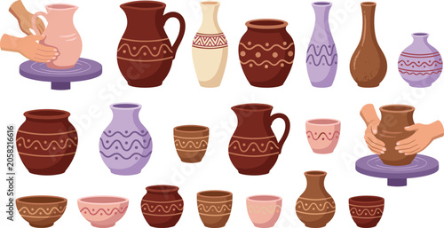 Φωτογραφία Ceramic pottery vector collection set with handmade clay pots jugs vases bowls a