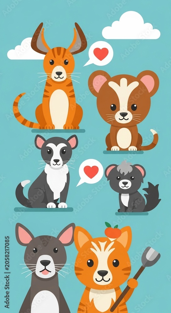 Fototapeta premium Adorable Cartoon Animal Collection - A Whimsical Illustration of Furry Friends.