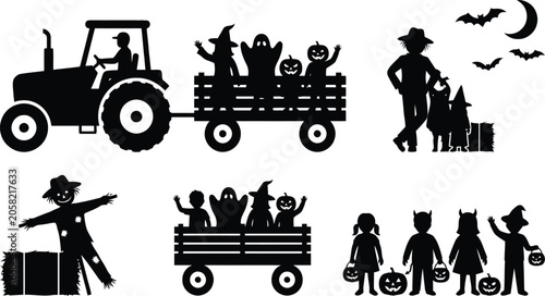 Quadro su tela Halloween family trick or treating with tractors and pumpkins