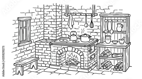 Φωτογραφία A rustic brick kitchen stove with cooking utensils and firewood.