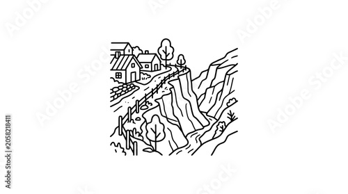 A hand drawn line art illustration of a rural village perched on a cliff edge.