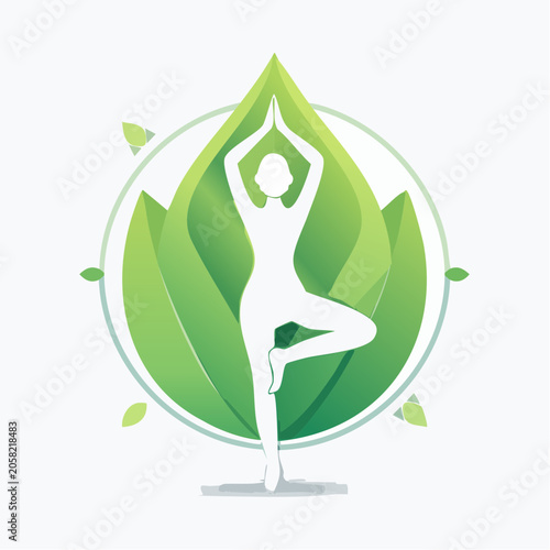 Woman practicing yoga in a serene green nature-inspired setting, promoting wellness
