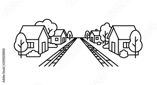 A simple line art illustration of a suburban street with houses and trees.