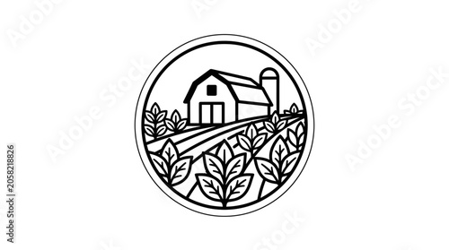Minimalist circular logo featuring a rustic farm barn and cultivated crop fields.