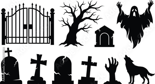 Schilderij op canvas Halloween-themed black silhouettes vector set