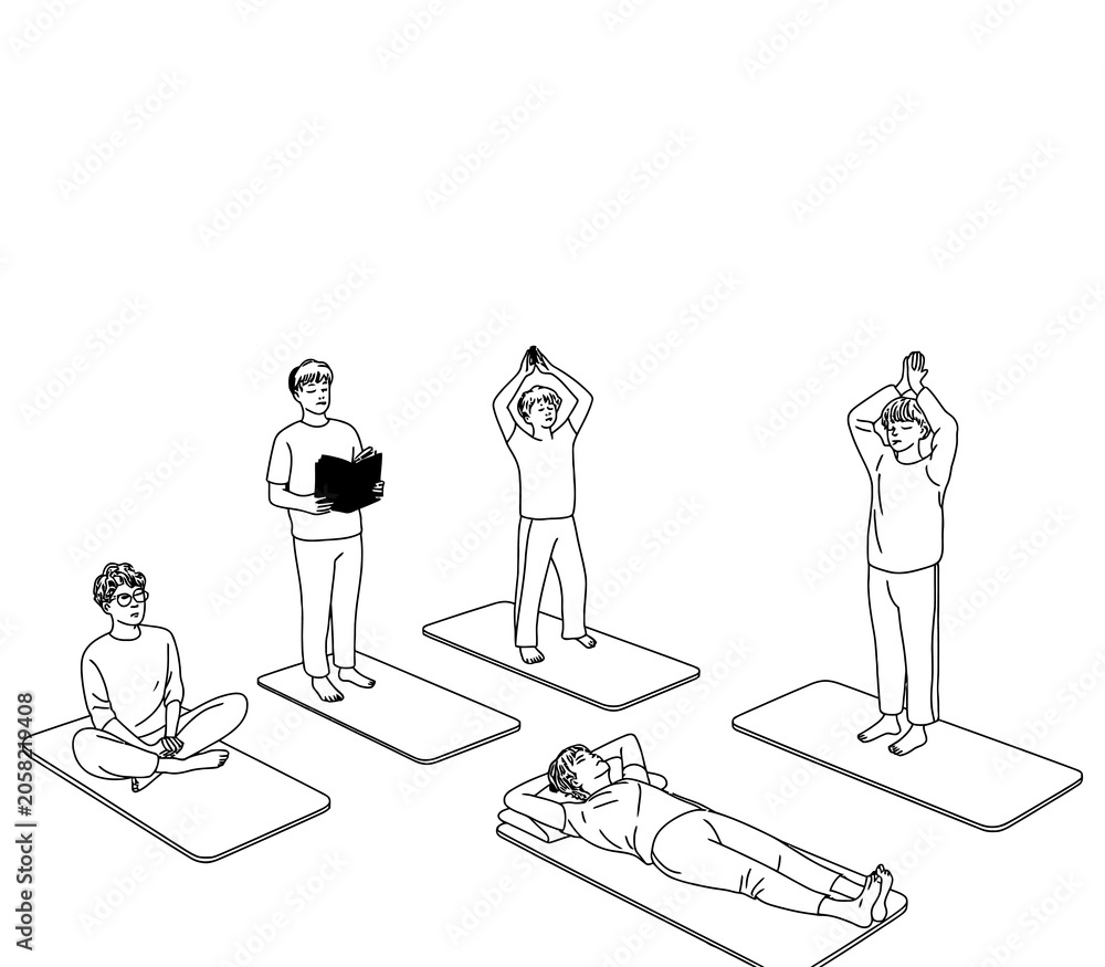 Fototapeta premium Meditation Yoga Class Coloring Page Vector Illustration – People Practicing Mindfulness and Relaxation Indoors