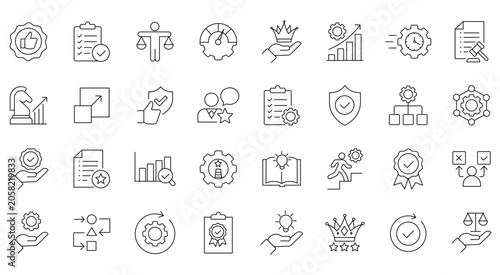 Εκτύπωση καμβά Core values and business ethics line icons, 32 professional corporate culture ve