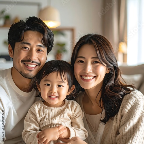 A smiling Asian family of three sitting together indoors