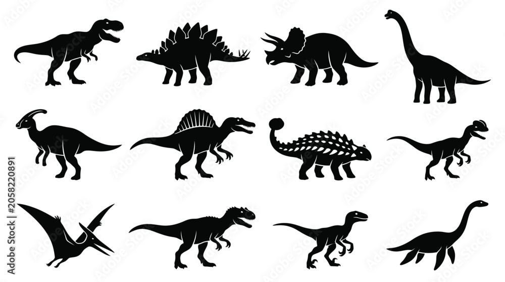 Obraz premium Black Dinosaur Silhouette Vector Collection Featuring Twelve Unique Prehistoric Species Including Tyrannosaurus, Stegosaurus, Triceratops, Brachiosaurus, Velociraptor, and Pteranodon for Creative 