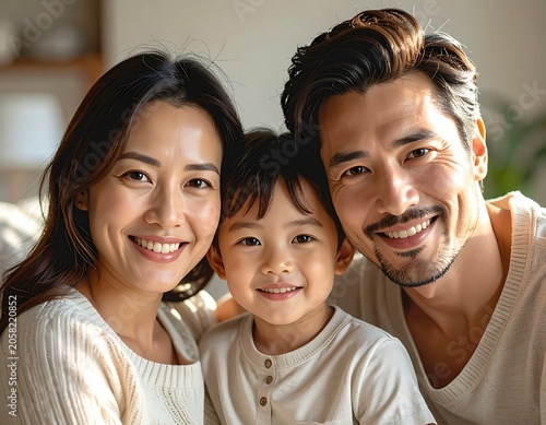A smiling Asian family of three wearing matching white tops