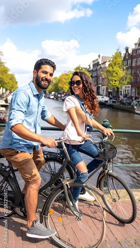 A smiling couple on bicycles by a serene canal