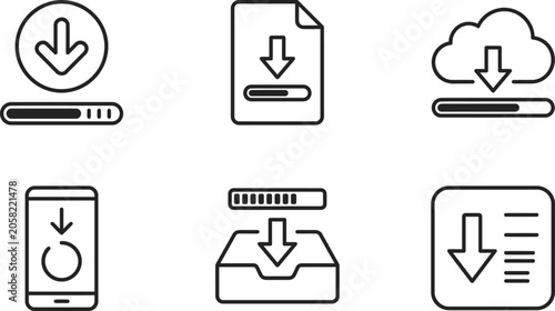 Download Icons Representing File Transfer, Document Download, Cloud Storage, Mobile Download, Package Download, and Data Transfer