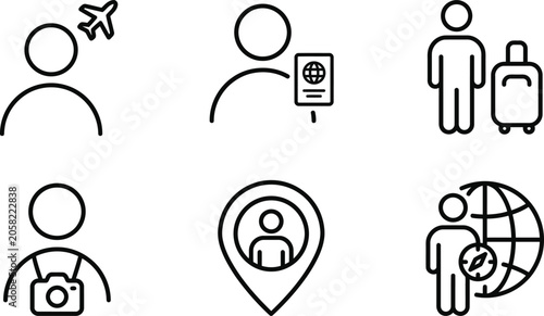 Globe Icon Set Showing Travel and Communication Symbols with Clean Line Art, Including Person, Navigation, Chat, and Accessibility Concepts for Ui