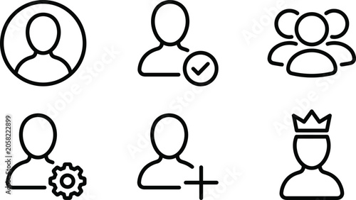 Icons Representing Different User Roles and Actions in a Digital System, Including a Person, a Verified User, a Group, a User with a Gear, a User