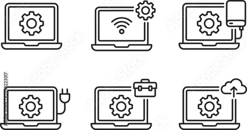 Computer Icon Symbols with Gear and Network Motifs for It Concept Design on Monochrome Technology Background