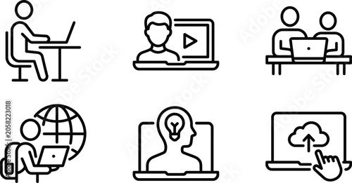 Icon Set of Business and Technology People Silhouettes in Thin Line Style, Including Teamwork, Profile, Globe, Video Call, and Conversation Ui Symbols