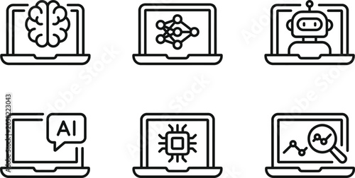 Icons Representing Artificial Intelligence and Technology Concepts with Various Symbols and Devices, Including a Brain, Laptop, Robot, and Ai-Related