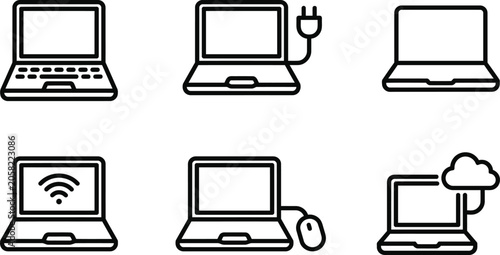 Laptop Computer Icons Grid with Wi‑fi, Loading, and Device Status Symbols in a Clean Monochrome Ui Style, Suitable for Technology Interface Concepts