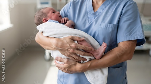 A dedicated healthcare professional holding a newborn baby in a hospital.