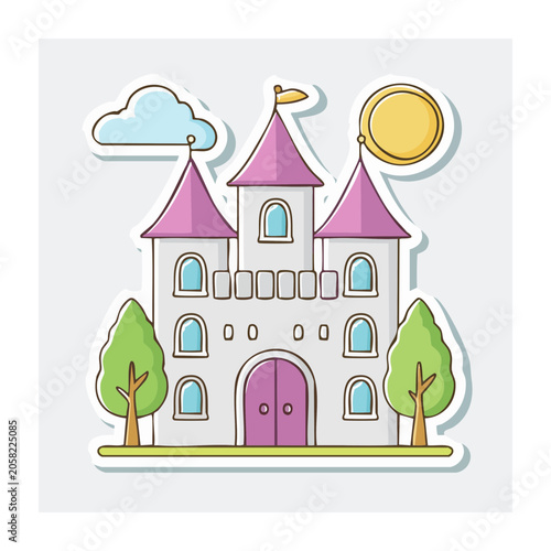 Cartoon Castle with Trees and Sunny Sky