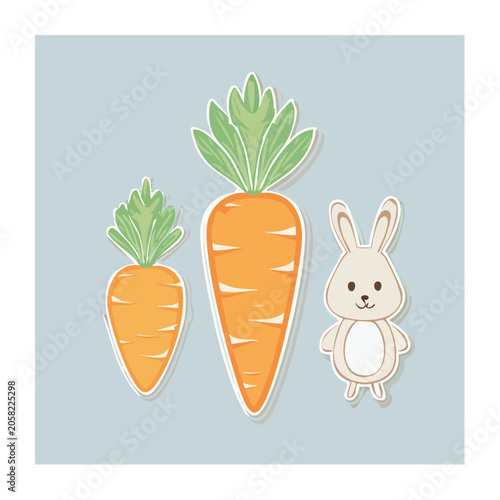 Cute cartoon rabbit with carrots on light blue background