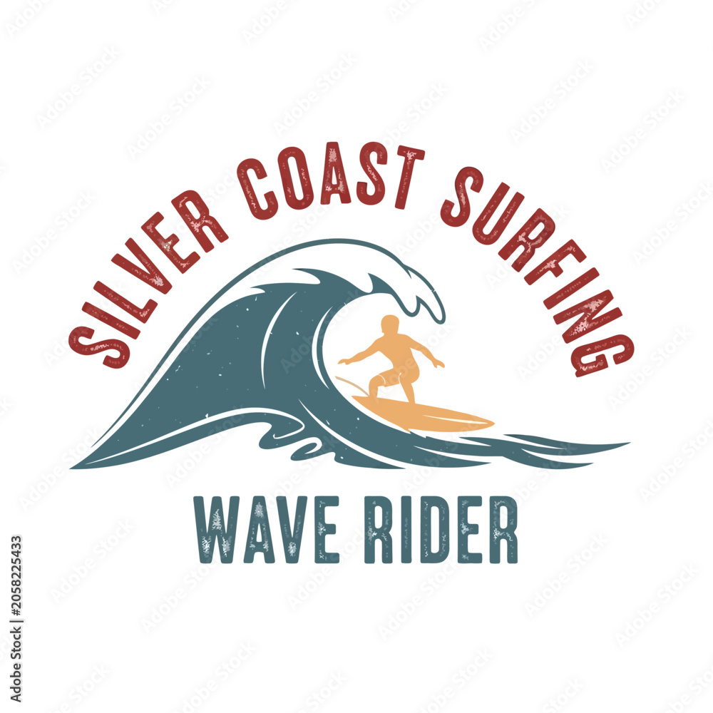 Obraz premium Retro-style illustration of a surfer on a big wave, perfect for beachwear, surfing schools, and coastal apparel.