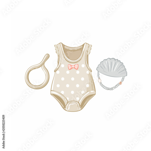 Flat design illustration of baby clothes and accessories