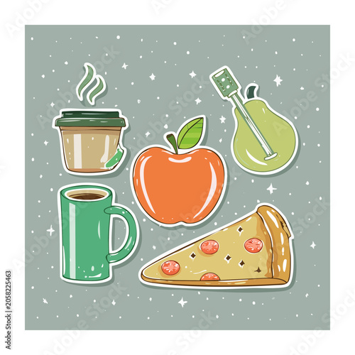 Flat design food and drink icons on dotted background
