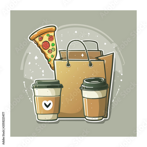 Flat design illustration of shopping bag, pizza slice, and coffee cups