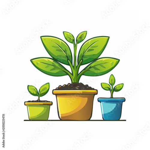 Flat Design Illustration of Potted Plants in Growth Stages
